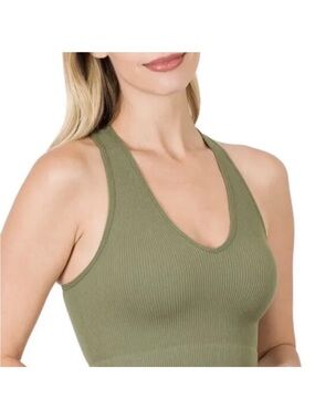Zenana Outfitters Olive Green Ribbed V-Neck Tank
